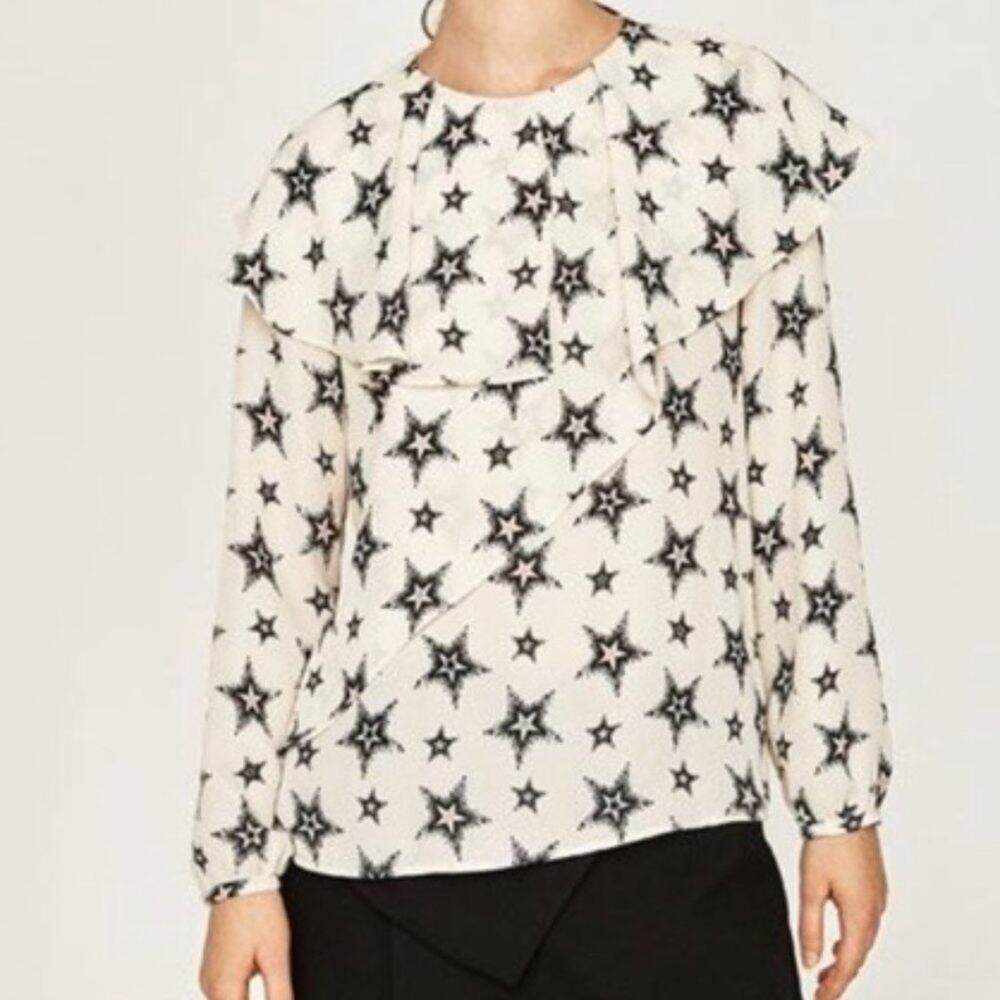 Zara basic star print ruffle cream blouse size XS